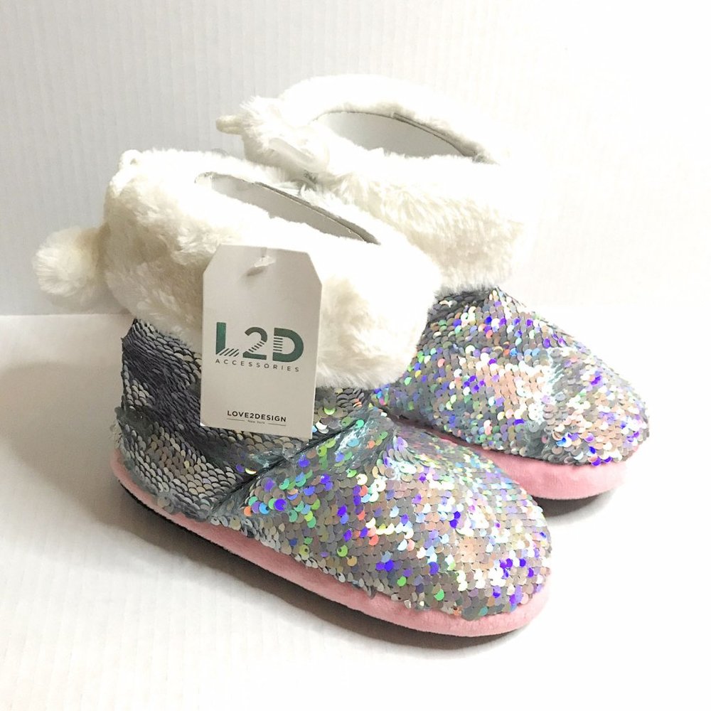 Girls Silver White Booties with Sequins, Warm Sparkly Slippers, Great Gift NWT